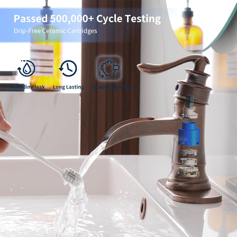 BWE Copper Bathroom Faucet Antique Brass Sink Vanity Basin Single Handle with Pop up Drain Assembly Waterfall Rose Mixer Tap One Hole Lever with Overflow Deck Mount Commercial - Image 5